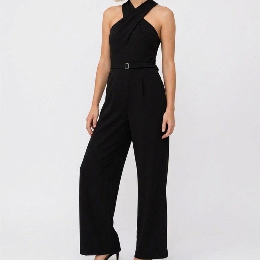 NWT MANGO Modern Luxe Cross-Over Neckline Jumpsuit, Black, Size 4